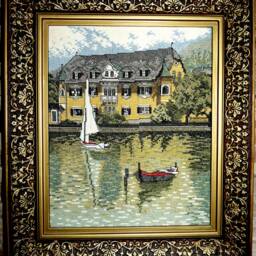 Handmade Cross Stitch Lakeside House & Boat Wall Decor - 22x27 cm - thumbnail 2