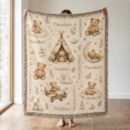 Personalized Teddy Bear Woven Blanket, Custom Name Baby Shower Gift, Nursery, Boy Nursery Decor - thumbnail 1