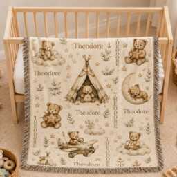 Personalized Teddy Bear Woven Blanket, Custom Name Baby Shower Gift, Nursery, Boy Nursery Decor - thumbnail 2