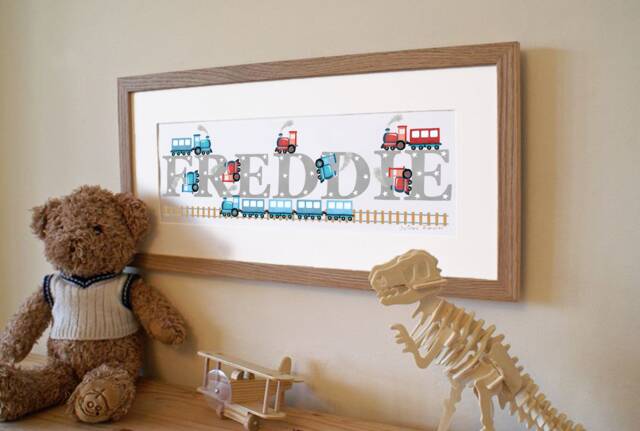 Train Name Illustration Print Steam Railway Transport Children Kids New Baby Shower Nursery Illustrated Frame Wall Art Picture Personalised - image 1