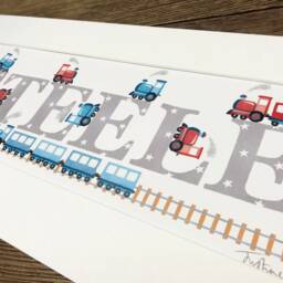 Train Name Illustration Print Steam Railway Transport Children Kids New Baby Shower Nursery Illustrated Frame Wall Art Picture Personalised - thumbnail 2