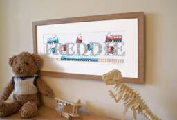 Train Name Illustration Print Steam Railway Transport Children Kids New Baby Shower Nursery Illustrated Frame Wall Art Picture Personalised - thumbnail 1