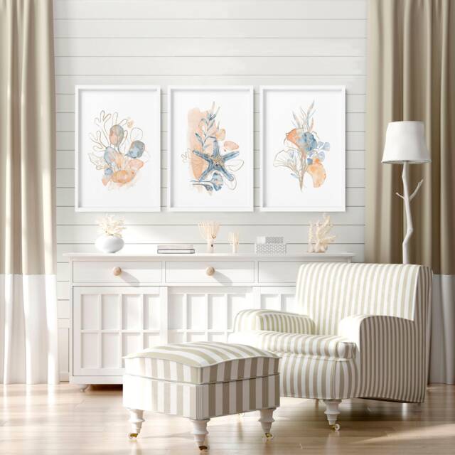 Beach Themed Home Decor Trendy & Framed 3 Piece Wall Art Prints Set, Coastal Wall Art Decor, Seashell Prints, Summer Lake House Decor - image 1