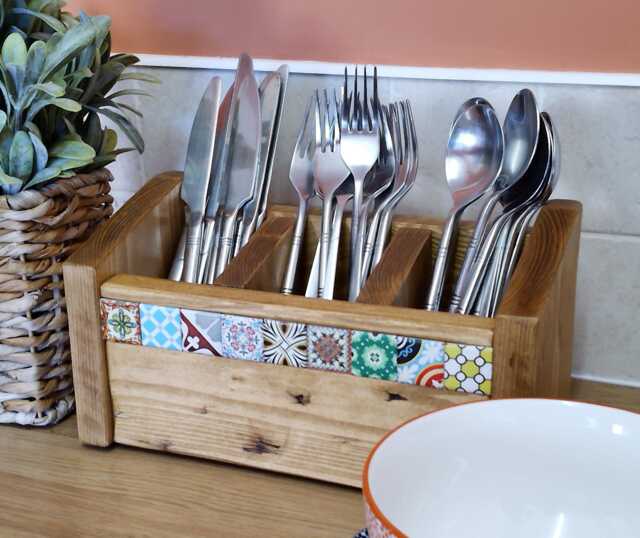 Moroccan Tile Reclaimed Wood Utensil Organizer Boho Desk Caddy - image 1