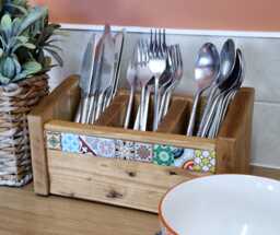 Moroccan Tile Reclaimed Wood Utensil Organizer Boho Desk Caddy - thumbnail 1
