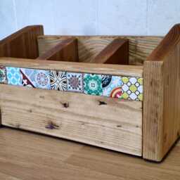 Moroccan Tile Reclaimed Wood Utensil Organizer Boho Desk Caddy - thumbnail 3