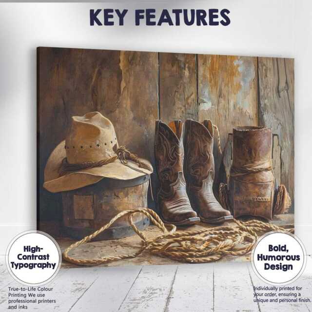 Rustic Cowboy Boots Hat & Lasso Western Ranch Canvas Wall Art Print Decor Picture Ready To Hang - image 1
