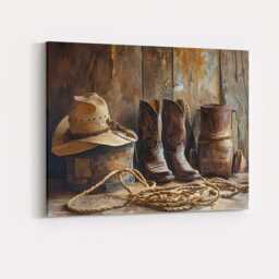 Rustic Cowboy Boots Hat & Lasso Western Ranch Canvas Wall Art Print Decor Picture Ready To Hang - thumbnail 4