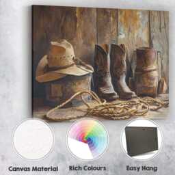 Rustic Cowboy Boots Hat & Lasso Western Ranch Canvas Wall Art Print Decor Picture Ready To Hang - thumbnail 2