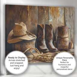 Rustic Cowboy Boots Hat & Lasso Western Ranch Canvas Wall Art Print Decor Picture Ready To Hang - thumbnail 3