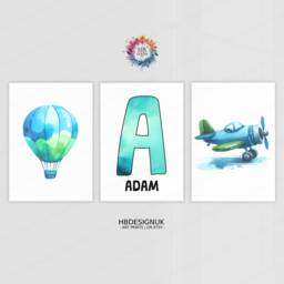 Personalised Kids Airplane Prints - Set Of 3 Wall Art - Blue & Green Boys Posters Room Nursery Custom Name Decor Aviation Gifts - thumbnail 1