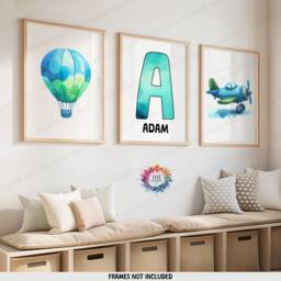Personalised Kids Airplane Prints - Set Of 3 Wall Art - Blue & Green Boys Posters Room Nursery Custom Name Decor Aviation Gifts - thumbnail 2
