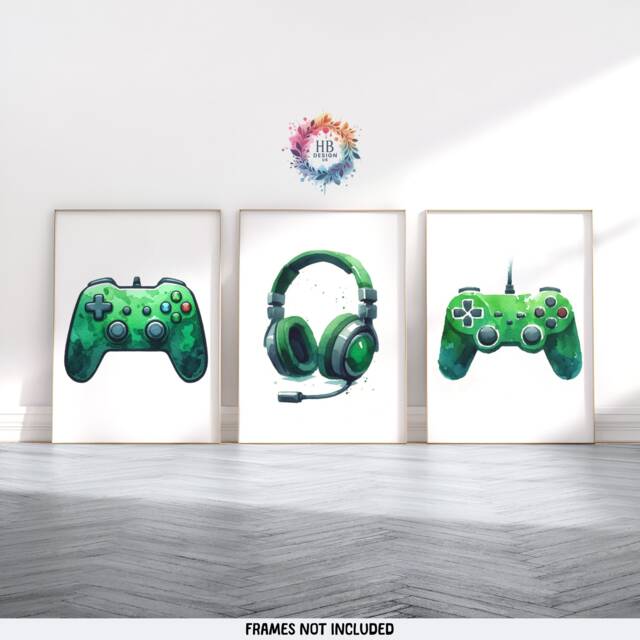 Green Gaming Print Set - 3 Gamer Posters - Boys Bedroom Decor Gift Artwork Girls Room Kids Video Game Wall Art Birthday - image 1
