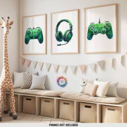 Green Gaming Print Set - 3 Gamer Posters - Boys Bedroom Decor Gift Artwork Girls Room Kids Video Game Wall Art Birthday - thumbnail 2