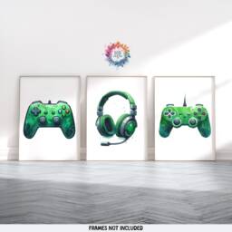 Green Gaming Print Set - 3 Gamer Posters - Boys Bedroom Decor Gift Artwork Girls Room Kids Video Game Wall Art Birthday - thumbnail 1