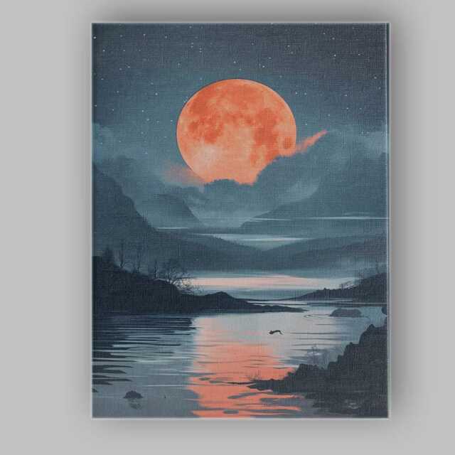 Coral Full Moon Tranquil Lake Night Landscape Canvas Wall Art Print Decor Picture Ready To Hang - image 1