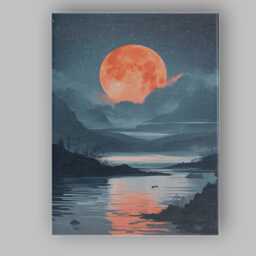 Coral Full Moon Tranquil Lake Night Landscape Canvas Wall Art Print Decor Picture Ready To Hang - thumbnail 1