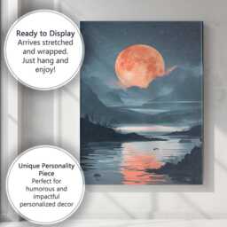 Coral Full Moon Tranquil Lake Night Landscape Canvas Wall Art Print Decor Picture Ready To Hang - thumbnail 3