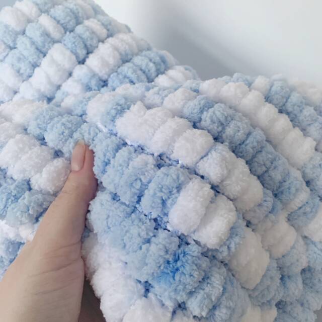Hand Knitted Pom Baby Blanket - Blue/White Pram Size - Approx 60cmx72cm - image 1