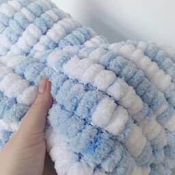 Hand Knitted Pom Baby Blanket - Blue/White Pram Size - Approx 60cmx72cm - thumbnail 1