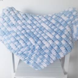Hand Knitted Pom Baby Blanket - Blue/White Pram Size - Approx 60cmx72cm - thumbnail 2