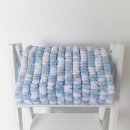Hand Knitted Pom Baby Blanket - Blue/White Pram Size - Approx 60cmx72cm - thumbnail 3