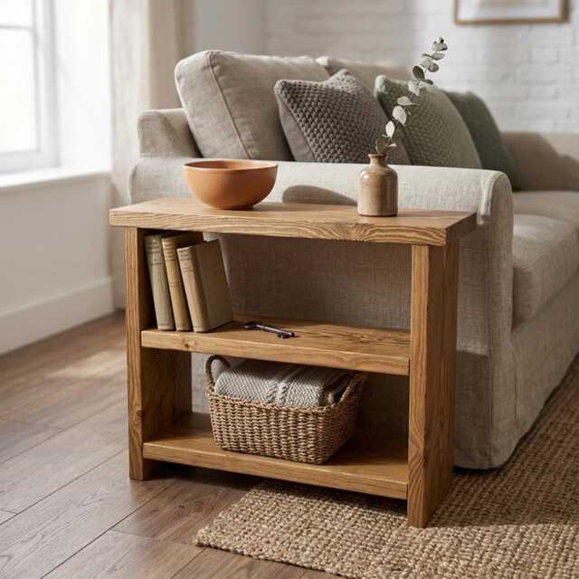 Solid Pine Side Table With Shelf - Narrow End Storage Sofa Table, Handmade in UK - image 1
