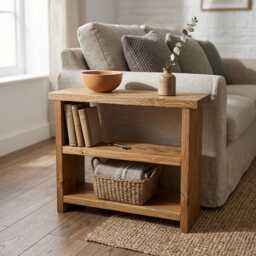 Solid Pine Side Table With Shelf - Narrow End Storage Sofa Table, Handmade in UK - thumbnail 1