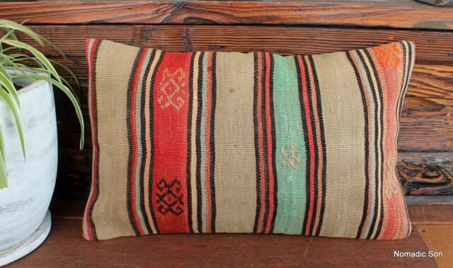 Vintage Handwoven Kilim Lumbar Pillow Cover - Striped Turkish Cushion - 12x20 In - image 1