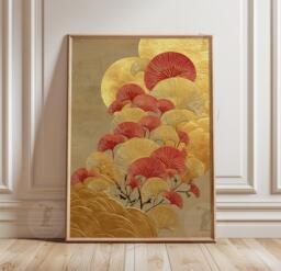 Art Deco Ginkgo Print - Red & Gold Botanical Illustration - thumbnail 1