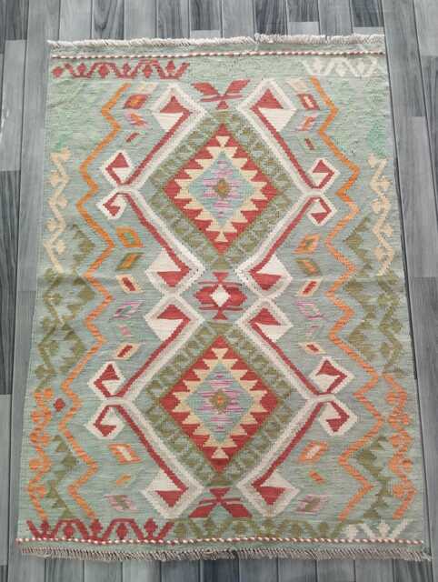 Handmade Afghan Kilim Rug, Geometric Tribal Design, Multicolour Artisan Persian Turkish Flatweave, Natural Wool, 142x103 cm - image 1