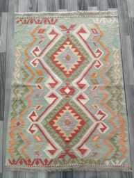 Handmade Afghan Kilim Rug, Geometric Tribal Design, Multicolour Artisan Persian Turkish Flatweave, Natural Wool, 142x103 cm - thumbnail 1