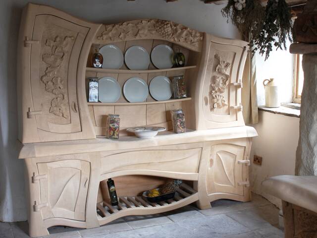 Handmade Figured Sycamore Kitchen Dresser, Carved Wood Sculpture - image 1