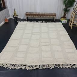 Beni Ourain Rug, Checkered Moroccan Rug, Wool Shag Unique Off White Berber Carpet, Hand Tufted Area Rug - thumbnail 2