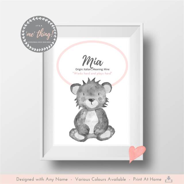 Woodland Little Bear Wall Art Personalised Name Meaning Animal Print. Birthday Gift, Girl, Boy, Baby, Newborn Child. Custom Nursery Decor - image 1