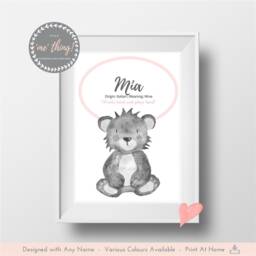 Woodland Little Bear Wall Art Personalised Name Meaning Animal Print. Birthday Gift, Girl, Boy, Baby, Newborn Child. Custom Nursery Decor - thumbnail 1