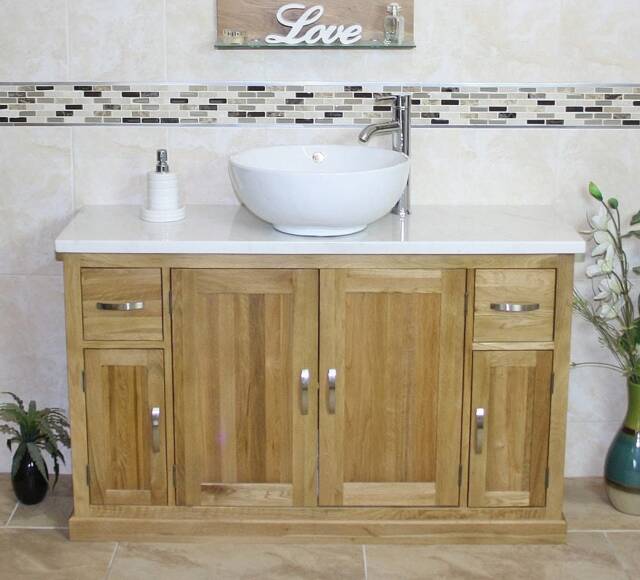 Oak Bathroom Vanity Unit 123cm Wide With White Marble Top & Ceramic Basin Set 402Wmcbcx1 - image 1