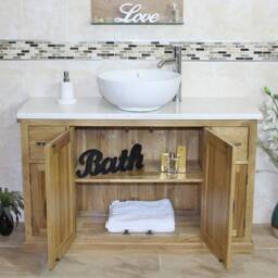 Oak Bathroom Vanity Unit 123cm Wide With White Marble Top & Ceramic Basin Set 402Wmcbcx1 - thumbnail 3