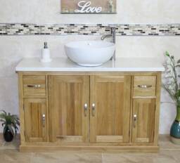 Oak Bathroom Vanity Unit 123cm Wide With White Marble Top & Ceramic Basin Set 402Wmcbcx1 - thumbnail 1