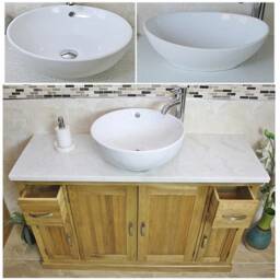 Oak Bathroom Vanity Unit 123cm Wide With White Marble Top & Ceramic Basin Set 402Wmcbcx1 - thumbnail 2