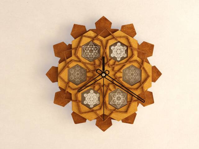 Sacred Geometry Wall Clock Laser Etched Metatron's Cube, Wooden - image 1