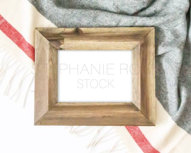 Wooden Frame On Blanket Cozy Holiday Mockup - Available in Psd, Jpg, Png Styled Stock Photo Rustic Christmas Farmhouse Chick Style - image 1