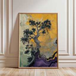 Abstract Japanese Bonsai Wall Art, Golden & Purple Tree Print With Fluid Texture, Modern Zen Nature Poster - thumbnail 1