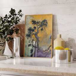Abstract Japanese Bonsai Wall Art, Golden & Purple Tree Print With Fluid Texture, Modern Zen Nature Poster - thumbnail 3
