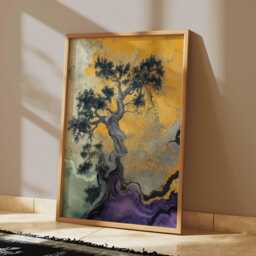 Abstract Japanese Bonsai Wall Art, Golden & Purple Tree Print With Fluid Texture, Modern Zen Nature Poster - thumbnail 2