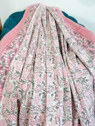Kantha Stitch Pure Cotton Reversible Bed/Sofa Throw King Size - Handmade Handprinted Floral Dohar Elegant White Grey Pink Country - thumbnail 1