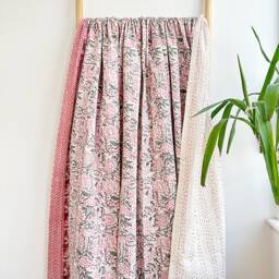 Kantha Stitch Pure Cotton Reversible Bed/Sofa Throw King Size - Handmade Handprinted Floral Dohar Elegant White Grey Pink Country - thumbnail 4