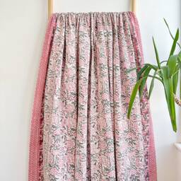 Kantha Stitch Pure Cotton Reversible Bed/Sofa Throw King Size - Handmade Handprinted Floral Dohar Elegant White Grey Pink Country - thumbnail 3
