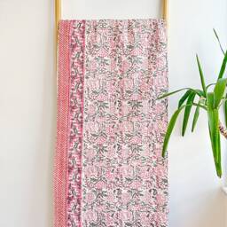 Kantha Stitch Pure Cotton Reversible Bed/Sofa Throw King Size - Handmade Handprinted Floral Dohar Elegant White Grey Pink Country - thumbnail 2