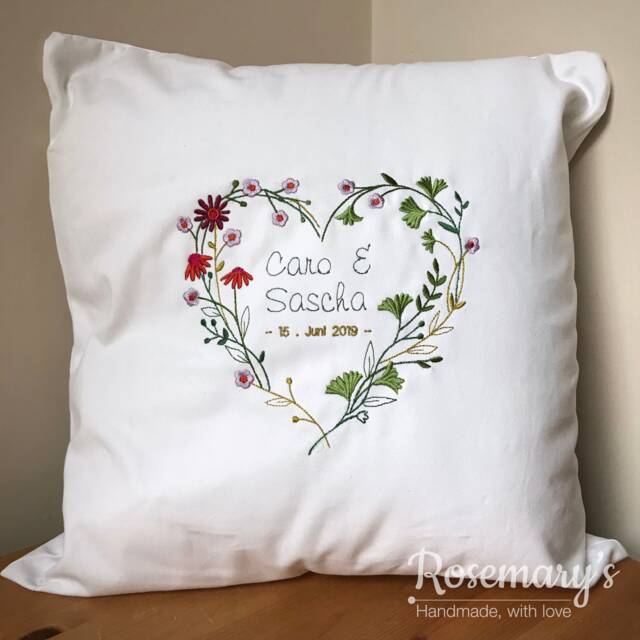 Cushion Cover 45x45cm Personalised Floral Heart Wreath Embroidered With Choice Of Fabric Colours - image 1